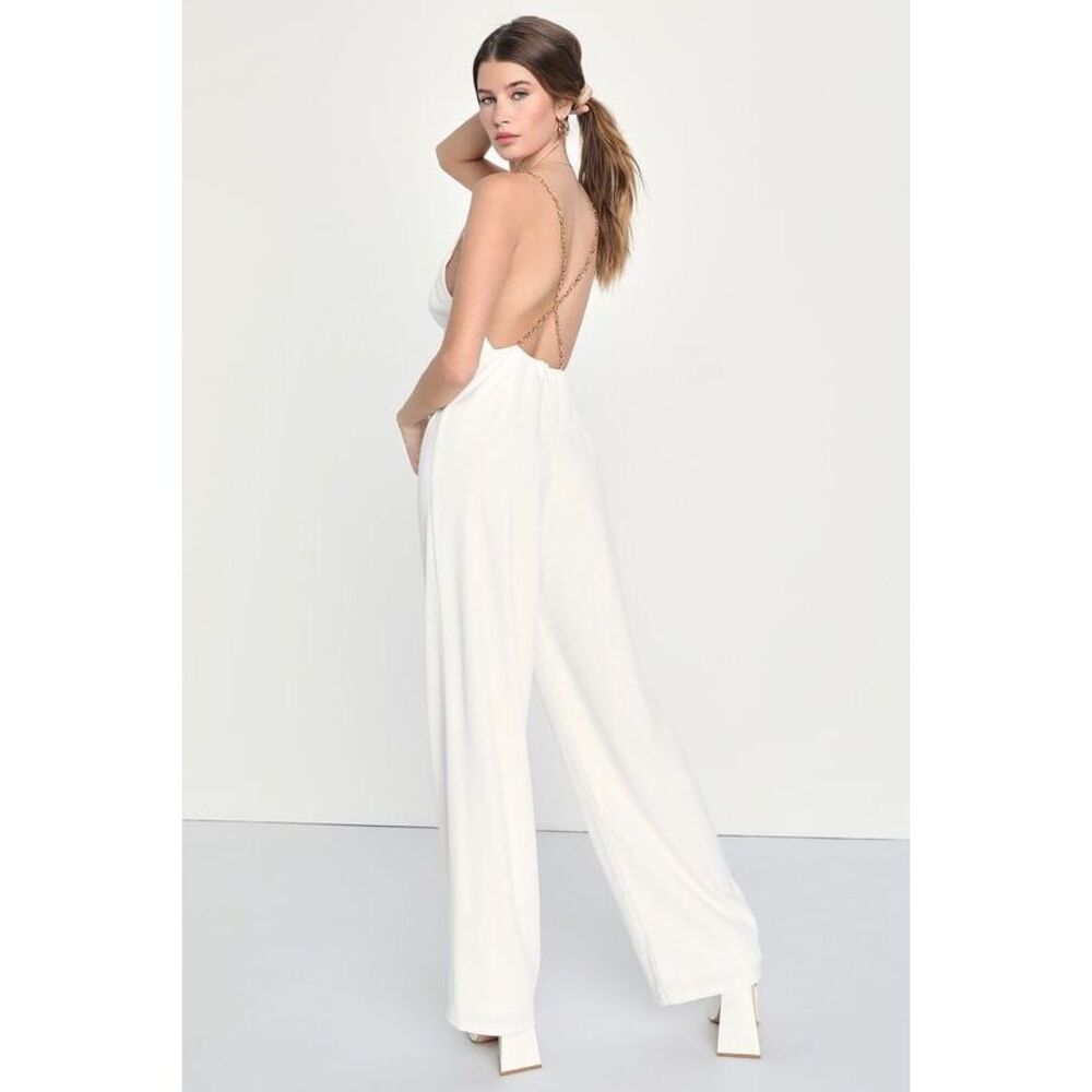 Lulus Signature Glamour Ivory Chain Strap Backless Wide-leg Jumpsuit White